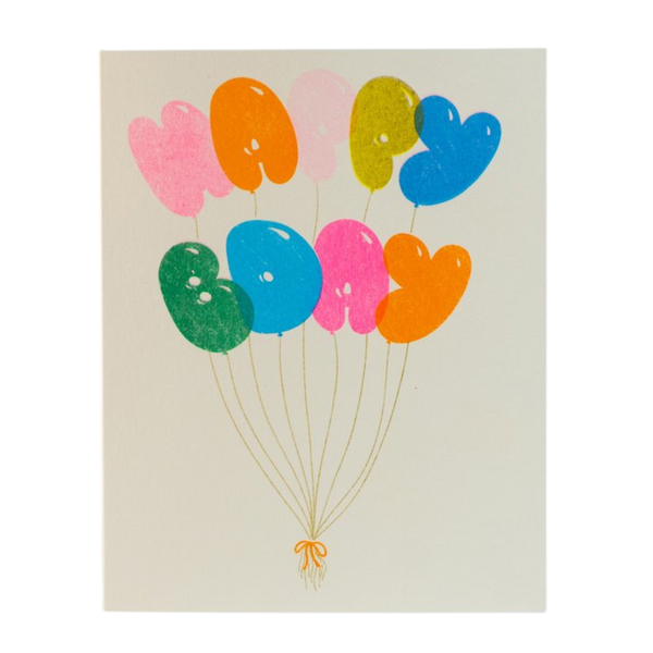 Happy Bday Balloons Risograph Greeting Card