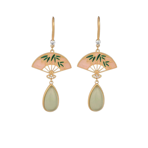Enamel and Jade Fan Drop Earrings