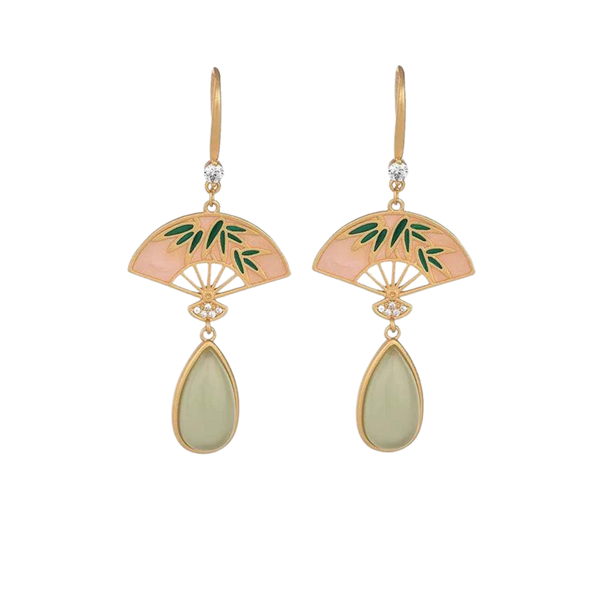 Enamel and Jade Fan Drop Earrings