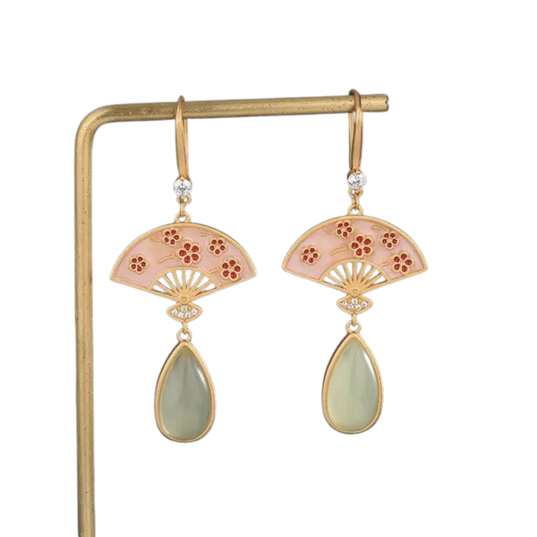 Enamel and Jade Fan Drop Earrings