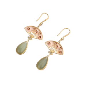 Enamel and Jade Fan Drop Earrings