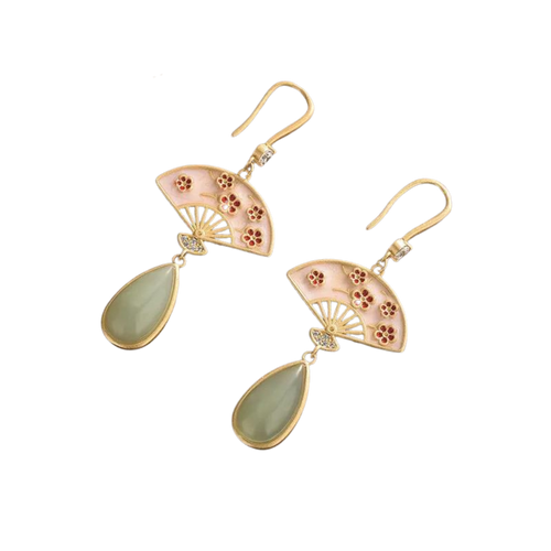 Enamel and Jade Fan Drop Earrings