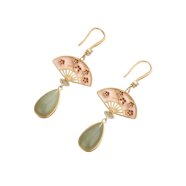 Enamel and Jade Fan Drop Earrings
